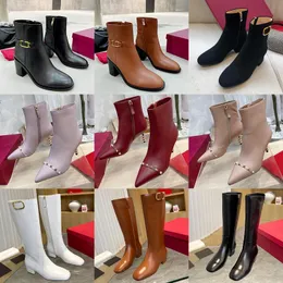 Cowhide Womens Boots Top Lüks Tasarımcı Botlar Klasik Dantelli Martin Boots Moda Yüksek topuklu ayak bileği botları Seksi diz üstü bisikletçi botları yeni sonbahar/kış gündelik ayakkabılar