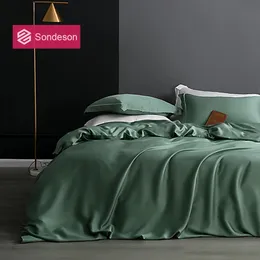 Bedding sets Sondeson Luxury 100% Silk Green Bedding Set 25 Momme Silk Healthy Skin Duvet Cover Set Flat Sheet Pillowcase Queen King Bed Set 230823