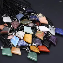 Pendant Necklaces Natural Stone Pendants Necklace Rhombic Shape Chakra Healing Crystal Agate Wax Cord For Jewelry Gift