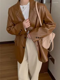 Kvinnors kostymer Artificiell läderjacka Kvinnor Elegance Coat Autumn Winter Blazer Korean Fashion Clothing Office Lady Pu Coats