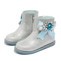 Buty Buty dla dziewcząt jesień 2022 Nowe dzieci Chelsea z aksamitnym butem Dzieciak Bow Blue Flats Princess Buty buty zimowe dla dziewczynki L0824