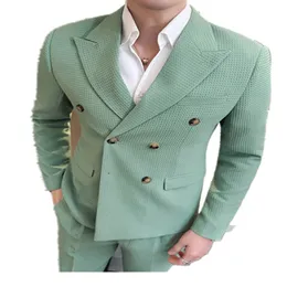 (Ceket+pantolon) butik moda erkekler waffle ingilizce gündelik iş seti üst düzey sosyal elbise damat düğün ev sahibi pamuk üst s-4xl için iki parça set