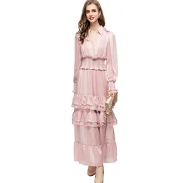 女性用滑走路ドレスが襟を倒す長袖ストライプティアフルルデザイナーMaxi Vestidos Party Prom Gown