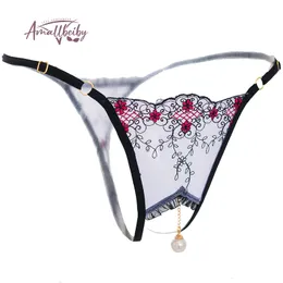 Briefs Panties Pearl Pendant Open Thongs Women Underwear Crotchless Embroidery G String Tanga Lace Transparent Sexy Lingerie 230824