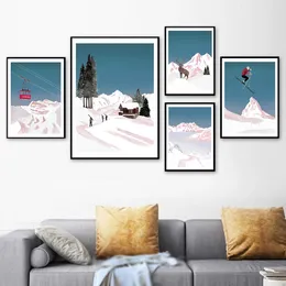 Abstract Snow Mountain Poster Print Wall Art Picture Nordic Style Stag Skier Canvas Painting Art Aisle Living Room Bedroom Decor Wo6