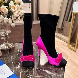 Aquazura saten streç süet stiletto topuklu ayak bileği botları kristal boncuklu dekoratif kare ayak parmağı yan fermuar moda botları kadın lüks tasarımcı fabrika ayakkabı