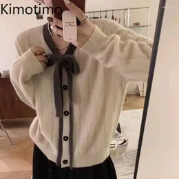 Knits Kimotimo Bow v szyja dzianina kardigan Kobiety jesienne zima delikatne kontrast kolorowy sweter koreańszy mody długi rękaw