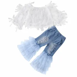 Kläduppsättningar Boutique Kid Clothes Toddler Baby Girl spetsar från axel toppar ruffle hole byxor 2 stfit 230823