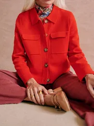 Pull femme col rabattu couleur unie tricot chemise pull à manches longues dames Cardigan avec Double poches 230824