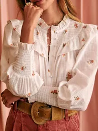 Bluzki damskie koszule Rowling Mirror Floral Hafdery Button Ruffle koszula Kobiet Lapel Long Lantern Sleeve Single Beded Blouse Office Dame Tops 230824