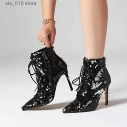 Buty 2023 Nowy rozmiar 48 Buty Boots Side Lace Up Women's High Heel Short Buty moda seksowne cekinowe buty imprezowe T230824
