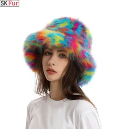 Wide Brim Hats Bucket Hats Autumn Winter Women Keep Warm Rainbow Faux Fur Basin Cap Female Fashion Casual Party Bucket hat Music Festival Thickened Hat 230824