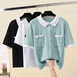 Kvinnors tröjor 2023 Summer Cardigan Lapel Short Sleeve Vintage Hollow Outcomfable Knitting Tops Fashion Casual Kvinnliga kläder