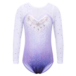 Kroppsmekanikkläder Baohulu långärmad mesh lapptäcke för flickor småbarn barn diamant gymnastik jumpsuit bodysuit tonåringar gymnastik kläder 230825