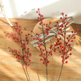 Decorative Flowers 63cm Artificial Berries Branch Plastic Fake Leaf Berry Red Plant For Year Christmas Decor Tools