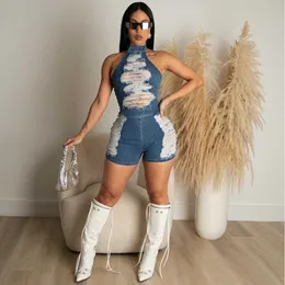 Women's Jumpsuits Rompers denim sexy suspender with hollow tassels Distressed tight shorts casual street outfit Y2K all-in-one 230407