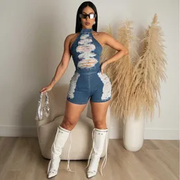 Kvinnors jumpsuits rompers denim Sexig Suspender med ihåliga tofsar nödställda snäva shorts casual street outfit y2k allt-i-ett 230407