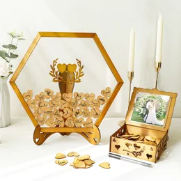 Other Event Party Supplies Hexagon Brown Wooden Wedding Frame Guest Book Drop Box with Stand Plywood and 100 Hearts 230824