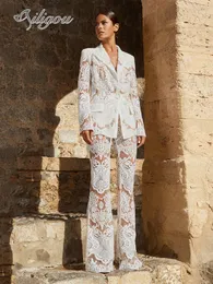 Dwuczęściowe spodnie damskie Aligou 2023 Autumn White Lace Suit Sets Seksowna szeroka noga Slim Fit Kurtka 2 230824