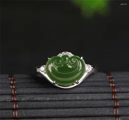 Cluster Rings Vintage 925 Silver Jasper Ruyi Lucky Ring Justerbar med certifikat Green Hetian Jade Finger Retro Woman's Gift Jewelry