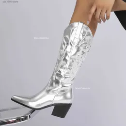 För Cowgirl Cowboy Women Metallic Sier staplade hälen Zip Western Mid Calf Boots Casual broderade varumärkeskor T230824 DEA03