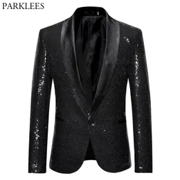 Mäns kostymer blazers svart paljett en knapp sjal krage dräkt jacka män bling glitter nattklubb prom dj blazer jacka män scenkläder för sångare 230824