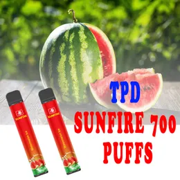 Authentique Sunfire 700 Puffs Jetables E Cigarettes Puff 700 Jetables Vape Prérempli 2ml 550mAh Batterie 0% 2% 3% 5% Vapeur conforme TPD pour le marché de l'UE