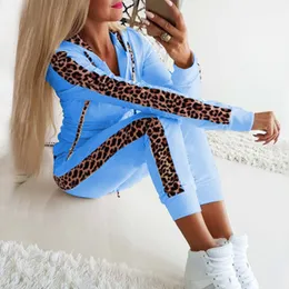 Mulheres Tracksuits Outono Inverno 2 Peça Set Mulher Hoodie Calças Tracksuit Leopard Sportwear Casual Feminino Zíper Jogging Terno Plus Size 3XL 230824