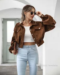 2023 Autumn Winter Bomber Jacket Womens Solid Color Polo Neck Lantern Sleeve Jackets Fashion Corduroy Crop Short Coats