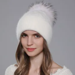 Beanie Skull Caps Cntang Natural Raccoon päls Pompom Knit Hat For Women Warm Angora Rabbit Bonnet Women's Winter Fleece Hats Casual Female 230825