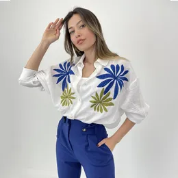 Blusas femininas elegantes bordado único breasted camisa senhoras blusa de escritório camisas de trabalho gota ombro solto topos primavera outono