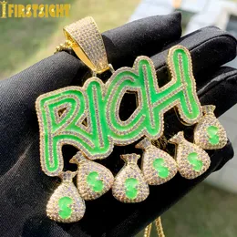 Pendant Necklaces Iced Out Bling CZ Letter Rich Pendant Necklace Zircon Dollar Sign Green Fluorescenc Money Bag Charm Men Hip Hop Jewelry 230824