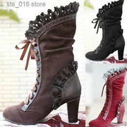 Sonbahar Steampunk Süet Vintage Topuk Yüksek Seksi Deri Kış Ayakkabıları Kadınlar Dantel Yukarı Cosplay Boots HVT373 T230824 263