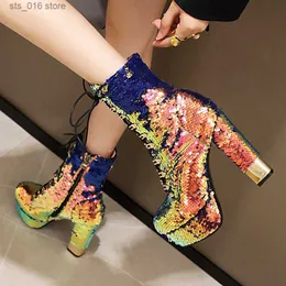 Buty rybetrini moda impreza super wysokie obcasy buty kostki kobiety lśniące gliter buts boots high platforme buty kobiet 2020 T230824