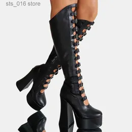 Boots RIBETRINI Punk Gothic Chic Platform Knee High Boots For Women Buckle Blcok High Heels Cosplay Halloween Long Designer Shoes T230824