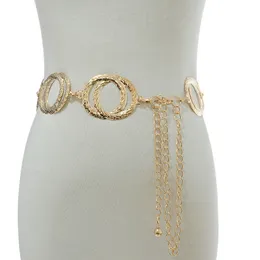 Pasy łańcucha talii Unikalne podwójne pierścień złoty pasek Kobiety Modka okrągłe metalowe srebrne dżinsy dżinsy strój 230825