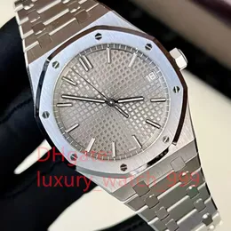 Relógio masculino clássico de alta qualidade com mostrador prateado de 41 mm, fecho dobrável elegante, movimento mecânico automático, exibição de data, movimento de perspectiva traseira