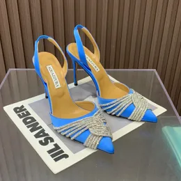Aquazzura mavi saten rhinestone çapraz dekorasyon pompaları ayakkabı makarası topuklular sandaletler kadınlar için topuklu lüks tasarımcılar elbise ayakkabı akşam slingback fabrika ayakkabı