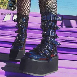 Boots BONJOMARISA Brand Goth Love Heart Buckle Punk Wedges Platforms Women Boots Zipper Black Cosplay Cool Street Autumn Ladies Shoes T230824
