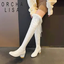 Boots ORCHA LISA Fashion Lady Thigh 54cm Round Toe Block Heels 6cm Plush Warm Shoes Zipper Sexy Party Big Size 45 47 48 230824