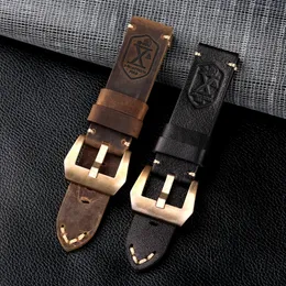 Titta på band Handgjorda brons Watchband 20 22 24 26mm Soft Leather Men First Layer Cowhide tjockt material Kompatibelt med PAM 230825