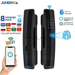 Fechadura inteligente totalmente automática Tuya Wifi biométrica digital sem chave Fechadura de porta de entrada de casa com impressão digital / senha / cartão / aplicativo de desbloqueio remoto HKD230825