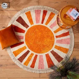 Mattor Retro Sun Circle fluffigt sovrum bredvid mattan runt tufting matta 3D oregelbundet plysch sängplats barnkammar mattor för barn 230825