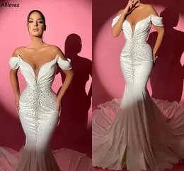 Vintage trompete sereia vestidos de casamento pérolas frisadas arábia saudita dubai fora do ombro vestidos de noiva tribunal trem plissado elegante cetim vestidos de novia cl2745