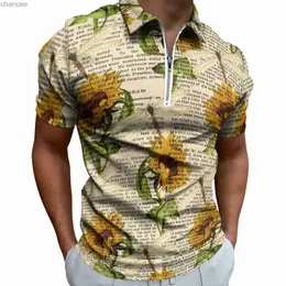 ヒマワリのドランゴポロシャツ男古い新聞カジュアルシャツビーチ面白いジッパーTシャツショートスリーブグラフィック特大トップスHKD230825