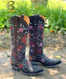 Cowboy Floral Women Heart Calf Cowgirls Mid Stapled Heeled Women Embroidery Work Ridding Western Boots Shoes Big Size T