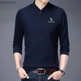 Hazzys-POLO bordado para hombre, camiseta elástica con cuello en V, camiseta de manga larga para hombre, camisetas de marca HKD230825 2023