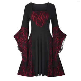 Casual Dresses Retro Medieval Gothic Dress Halloween Woman Flare Sleeve Lace Chiffon Patchwork Party Costume Evening Gown