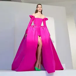 Fucsia Abiti da ballo arabi sauditi con spalle scoperte Maniche lunghe Abiti da sera Treno staccabile Gonna oversize Abiti da festa per ragazze