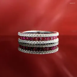 Anelli a grappolo Eternity Ruby Diamond Ring Reale argento sterling 925 Fede nuziale per le donne Uomini Gioielli di fidanzamento Regalo di compleanno